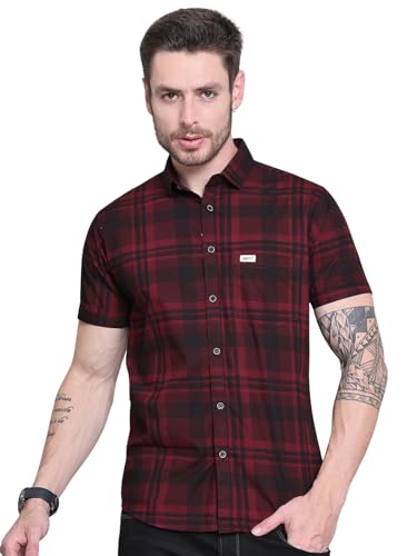 Image of Majestic Man Men Comfort Slim Fit Checked Pure Cotton Half Sleeve Casual Shirt