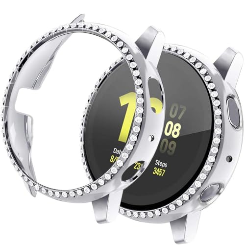 FitTurn Bling Bumper Case Compatible with Samsung Galaxy Watch Active2 40mm 44mm Crystal Diamonds Plate Protector Case Cover Scratch Resistant Shock Slim TPU Shell (Silver,R830-40mm)