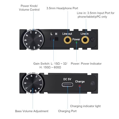 HiFi Headphone Amplifier 3.5mm with Bluetooth 5.0 Receiver - Portable 16-600Ω HiFi Earphone Amp with Bass & Volume Control, 2 Gain Switch for MP3/MP4 /Phones/Digital Players/Computers, PS4/5 - Thumbnail 4