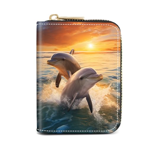 Credit Card Holder Wallets for Women, Slim Leather Card Holder Wallet, Credit Card Wallet Organizer, Pocket Business Card Case with Zipper, Dolphins At Sunset