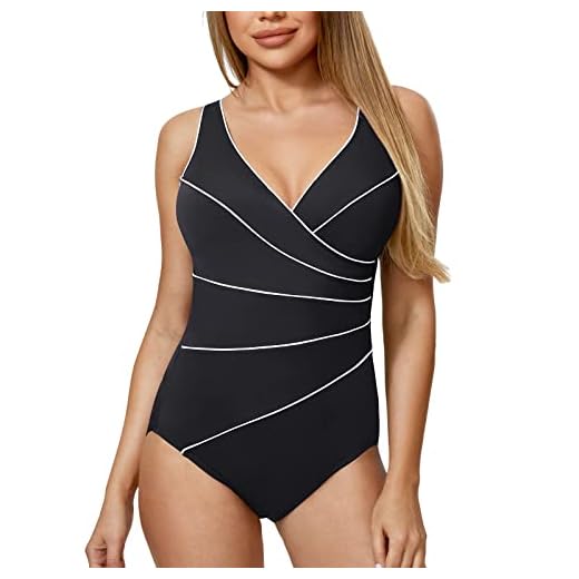 DELIMIRA - Bañador a Rayas Escote en V Traje de Baño de Una Pieza para Mujer Negro 42