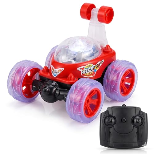 Image of Remote Control Rechargeable Battery Stunt Car 360 Rotating Rolling RC Car with Lights & Music, 2AA Battery Remote (Not Included), Electric Race Car Toy for Kids Boys Girls Indoor Outdoor (Red)