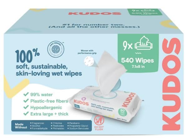 Kudos Skin-Loving Baby Wipes, Unscented, Plastic-Free, 540 Count, 9 Pack of 60