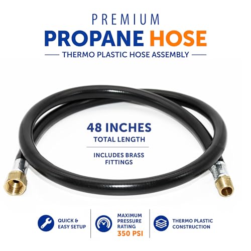 Image of Flame King 48-inch Propane Thermo Plastic Hose Assembly, 3 /8-inch ID, 3 /8-inch MPT X 1 /2-inch Female Flare, for RVs and Travel Trailers
