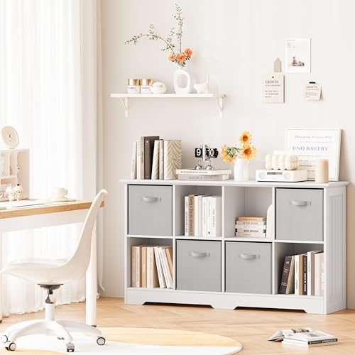 Image of 8 Cube Storage Organizer Shelf, Wood Cubby Storage with 4 Fabric Drawers, 2 Tier Wooden Bookshelf with 2 Adjustable Shelves & Fluted Side Panels for Bedroom, Living Room, Home Office, White