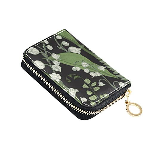 Green White Color Lily of the Valley with Ferns Leaves on Black Grey Credit Card Coin wallet, RFID Blocking Compact Women Leather Card Holder, Key Change Organizer, Zipper Purse Clutch Pouch