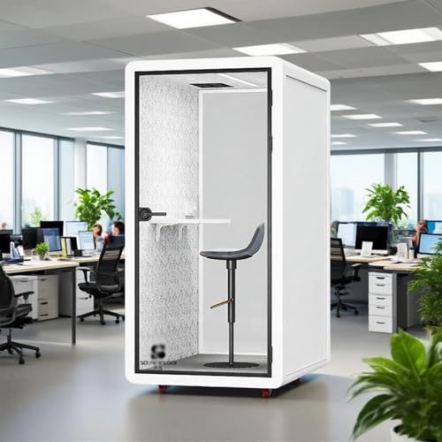 Cápsula de oficina insonorizada con puerta de cristal e iluminación LED, incluye muebles para reuniones privadas, estudio y relajación