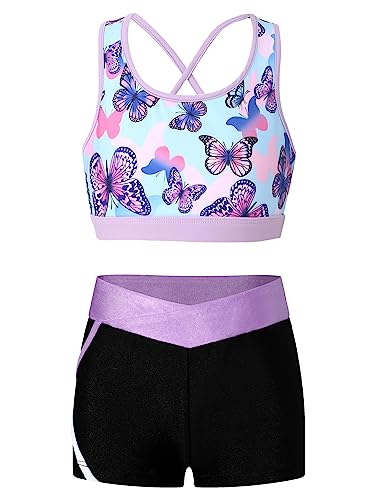 Hansber Kids Girls Crop Top with Booty Shorts Set 2 Piece Dance Sport Outfits Gymnastics Leotard Dancewear Swimwear