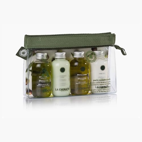 Pack Cuidado Viaje La Chinata - Set compacto con productos naturales para piel y cabello - Ideal para viaje - Shampoo, gel, crema y acondicionador elaborado con Aceite de Oliva Virgen Extra Ecologico