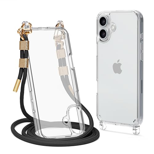Coque iPhone 16 avec lanière amovible noire et protection transparente antichoc