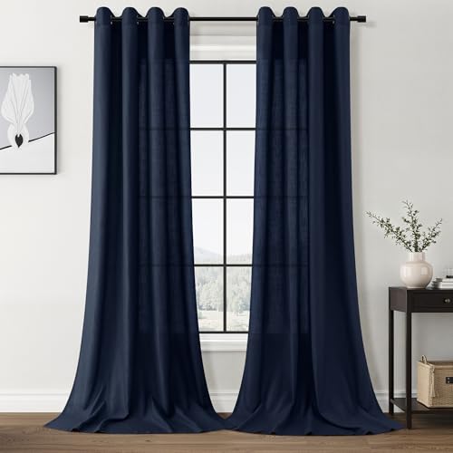 Image of Extra Long Navy Blue Linen Curtains 120 Inches Length for Living Room Grommet 2 Panels Set Dark Blue Sheer Window Curtain for Boys Bedroom,Farmhouse Boho Privacy Chinoiserie Decor Drapes 52x120