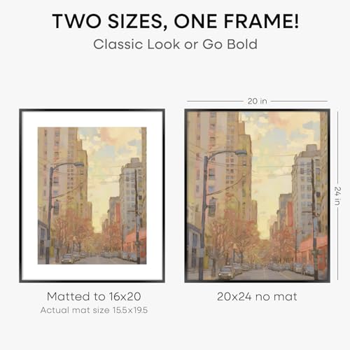 Image of Homeforia 20x24 Picture Frame Black, High End Metal 20x24 Frame Matted to 16x20 Print, 20 x 24 Black Poster Frames with Mat 16 by 20 inch Photo, 24x20 Hanging Frame, Tempered Glass, Wall Kit, Set of 3