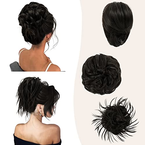 BARSDAR 3 Stück Haarteil Hair Extensions, unordentlicher Knoten-Haarteil, gerader, kurzer Pferdeschwanz-Brötchen, zerzauste Hochsteckfrisur, Lockiges Synthetisches Haarverlängerung für Frauen Cover