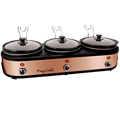 Megachef Triple 2.5 Quart Slow Cooker and Buffet Server in Brushed Copper and Black Finish with 3 Ceramic Cooking Pots and Removable Lid Rests - Image 4