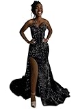 Qbnme Black Sequin Prom Dress Long Mermaid Strapless Corset Party Gown Sequin with Slit for Teens Size 4