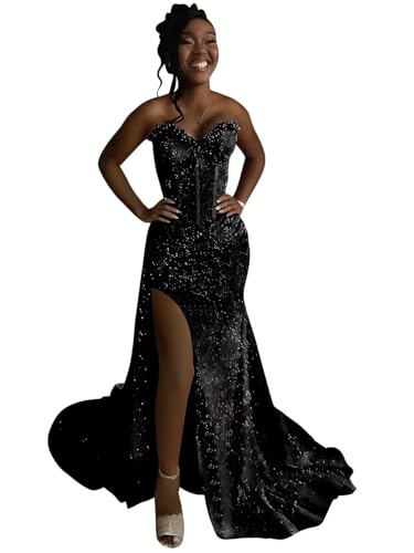 Qbnme Black Sequin Prom Dress Long Mermaid Strapless Corset Party Gown Sequin with Slit for Teens Size 4