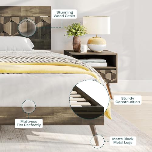 Image of Bme Georgina King Size Bed Frame and Headboard, Signature Handcrafted Geometric, US Patent Pending Design, Solid Wood, No Box Spring Needed, 12 Strong Wood Slats Support, Easy Assembly, Mocha