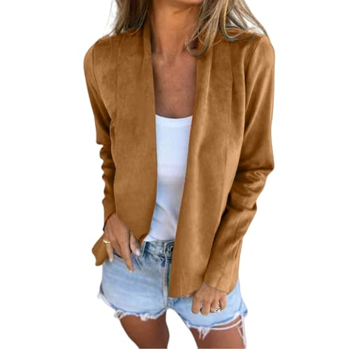 Women's Faux Suede Jackets Casual Long Sleeve Open Front Blazers Business Office Work Suits Dressy Loose Cardigan Khaki
