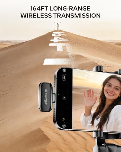 Image of PQRQP Wireless Lavalier Microphone for iPhone /iPad /Android, 164ft Transmission, Mini Microphone with AI Noise Cancellation & Hi-Fi Sound, 24H Charging Case, Mic Ideal for Video Recording