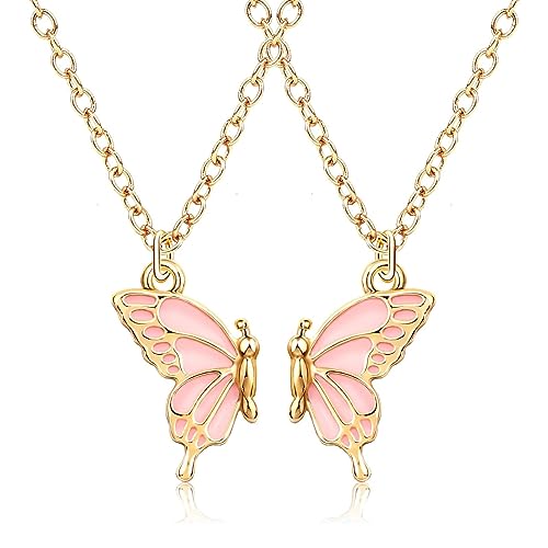 MJartoria Colar BFF para 2 borboletas, colar da amizade, Best Friend Forever com pingente de borboleta colorido, colares combinando para melhor amigo, presentes para mulheres, Metal, Sem Pedra
