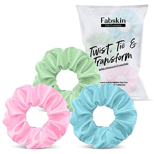 Image of Fabskin Luxury Satin Scrunchies For Women and Girls | Stylish & Cute Hair Accessories Ties Scrunchies Ponytail Holders | Pack Of 3 (Light Pink, Blue & Green)