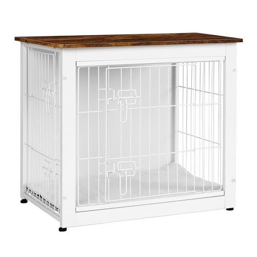 DWANTON Dog Crate Furniture with Cushion Wooden Kennel Table with Double Doors Indoor Dog House Small/Medium/Large Size 27.2 L White+Rustic Brown