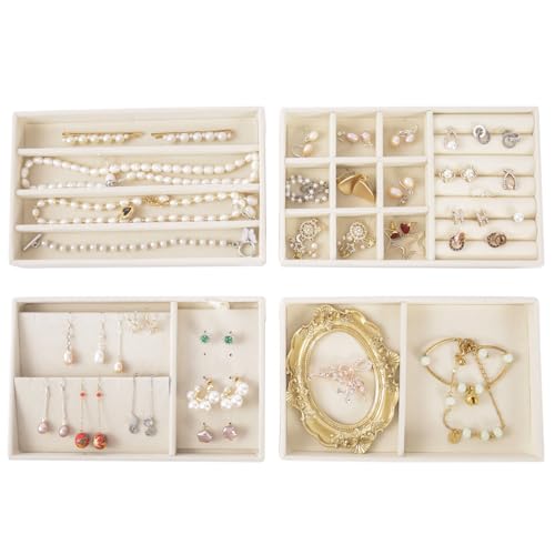 2025 New Jewelry Drawer Organizer Inserts, Stackable Velvet Jewelry Storage Tray for Dresser Drawers, Beige Flat Stacking Display Case for Rings Stud Necklaces Accessories