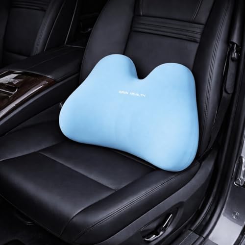 Image of Grin Health Mini Back Cushion Lumbar Support Pillow, Blue | Memory Foam, Compact Portable, For Car Seat /Office Chair /Travel, Lower Back Support