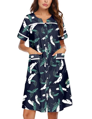 Image of Ekouaer Nightgowns for Women House Dress with Pockets Snap Front House Coat Short Sleeve Duster Moo Moos Sleepwear S-3XL