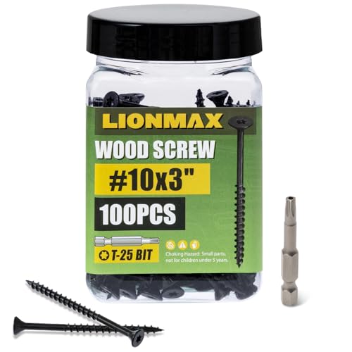 Image of LIONMAX Deck Screws 3 Inch, Wood Screws #10 x 3, 100 PCS, Rust Resistant, Exterior Epoxy Coated, Outdoor Decking Screws, Torx /Star Drive Head Screw, T25 Star Bit Included, Black
