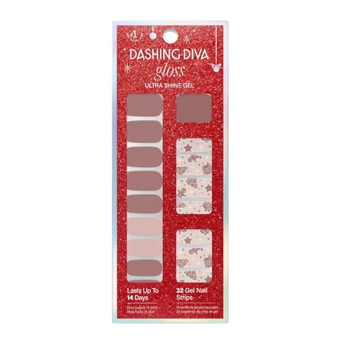 Dashing Diva Gloss Nail Strips - Gingerbread Gentleman - UV Free, Chip Resistant, Long Lasting Gel Nail Stickers - 3-Piece Manicure Set - Contains 32 Wraps, 1 Prep Pad, 1 File