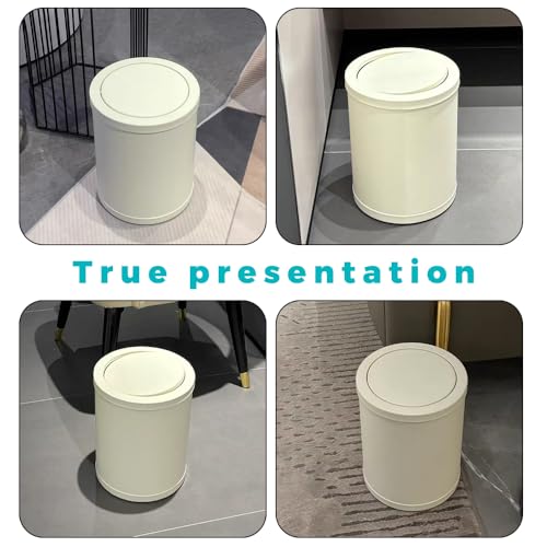 Image of 2.3 Gallon /9L White Round BathroomTrash Can with Swing Lid | Metal, Modern, Elegant Waste Basket, For Bathroom, Bedroom, Living Room, Office, RV, Home