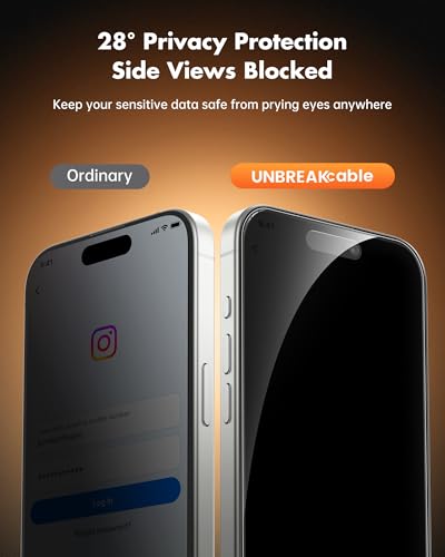 Image of UNBREAKcable Privacy Screen Protector for iPhone 16 Plus, Anti-Spy Shatterproof Tempered Glass [True 28Anti Spy] [9H Hardness] [Easy Installation Frame] Black Protector for iPhone 6.7 inch - 2 Pack