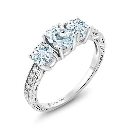 Gem Stone King 10K White Gold Sky Blue Aquamarine and White Lab Grown Diamond 3 Stone Engagement Ring For Women (1.79 Cttw, Gemstone Birthstone, Available In Size 5, 6, 7, 8, 9)