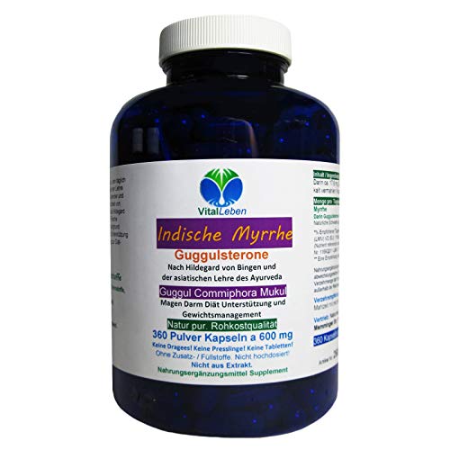 GUGGUL Indische MYRRHE Ayurveda Guggulsterone 360 Pulver Kapseln - Commiphora Mukul Premium Qualität. NATUR PUR - OHNE ZUSATZSTOFFE - OHNE FÜLLSTOFFE. Abgefüllt in Deutschland. 26810-360 Cover