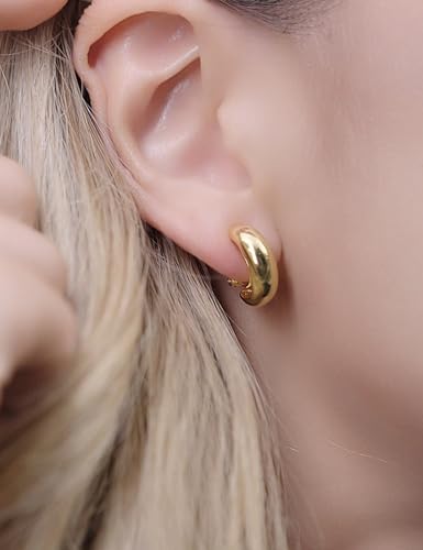 FAN&LOUIS Gold Clip On Hoop Earrings,14K Gold Plated Chunky Gold Small Huggie Hoops Clip-On Earrings for Women│Small Wide Round Hoop Clip On Earrings3