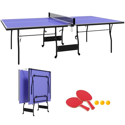SPORTNOW Mesa de Ping-Pong Plegable Mesa de Tenis Profesional Tamaño Estándar con 4 Ruedas Red 2 Paletas y 3 Pelotas para Interior 274x152,5x76 cm Azul