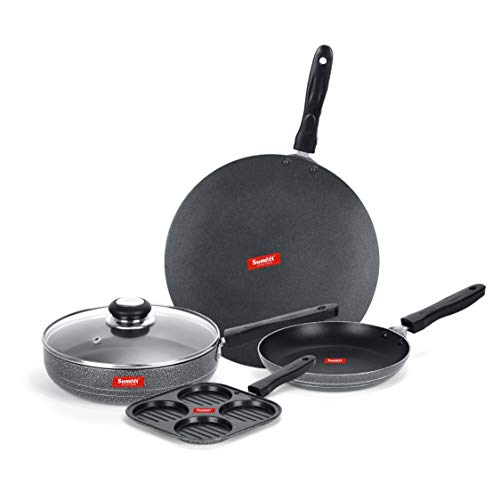 Image of Sumeet NonStick Musta Cookware Set (Mini Multi Snack Maker - 4 Cavity -19.5cm + Frypan with Glass Lid - 1.5Ltr - 22Cm Dia + Tapper pan - 0.6Ltr - 20Cm Dia + Conceve /Roti Tawa - 28Cm Dia)
