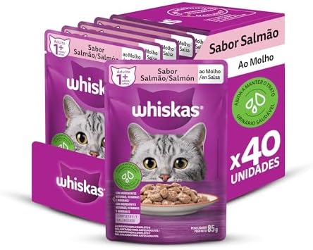Caixa com 40 unidades de ração Whiskas sabor salmão