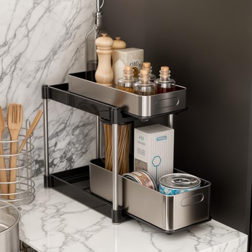 Home Zone Living 2-Tier Stainless Steel Cabinet Pull Out Organizer for Kitchen and Bathroom Storage