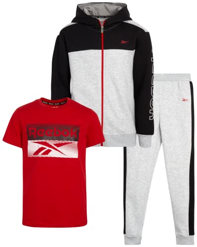 Reebok Boys' Sweatsuit Set - 3 Piece T-Shirt, Hoodie, and Jogger Sweatpants (Size: 5-12), Size 12, Grey/Black