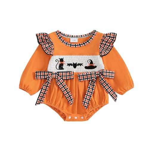 Infant Baby Girl Halloween Romper Black Cat Witch Hat Embroidery Ruffle Long Sleeve Bubble Jumpsuit With Bow