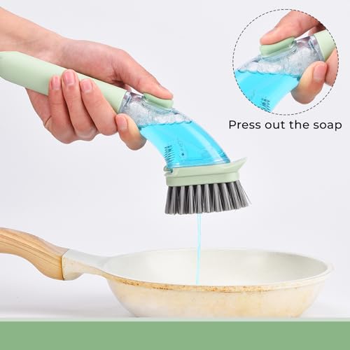Image of dishwashing Brush with Handle, Scratch-Free dishwashing Brush, Plate Brush, soap Dispenser, Kitchen Tableware, Pot, Sink Cleaning Set (Green)