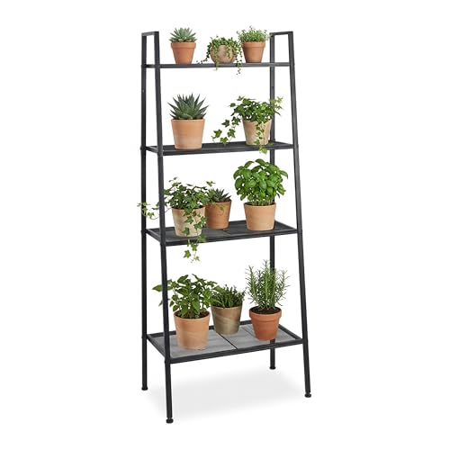 Relaxdays Leiterregal, 4 Gitterablagen, HxBxT: 148 x 60 x 35 cm, Standregal für Wohnzimmer, Küche, Flur, Metall, schwarz
