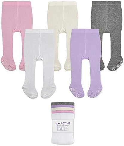 LA Active Baby Tights - 5 Pairs - Non Skid/Slip Cotton (Pink/White/Ivory/Lavender/Grey, 12-24 Months)