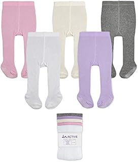LA Active Baby Tights - 5 Pairs - Non Skid/Slip Cotton (Pink/White/Ivory/Lavender/Grey, 12-24 Months)