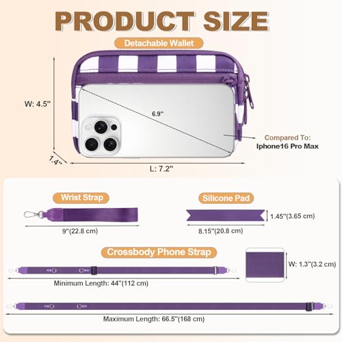 Image of YFWE Clip and Go Strap for Phone with Wallet Crossbody, Adjustable Phone Lanyard with Detachable RFID Wristlet Wallet, Phone Strap with Phone Tabs for All Phones, Purple Checkered (L)