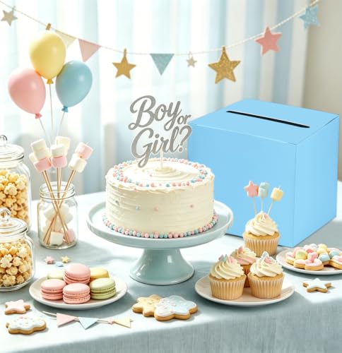 Image of SietDESEO Light Blue Card Box for Graduation Large Gift Card Box Holder 9.8 inch x 9.8 inch Money Cards Box Diy Card Box for Wedding Reception Baby Shower Birthday Cards Box Holder
