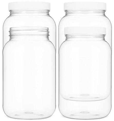 kitchentoolz 1 Gallon Plastic Mason Jar with Airtight Lid – Extra Wide Mouth Clear Storage Container – Made in USA – 4 Pack