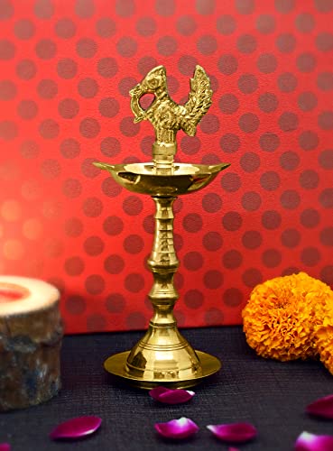 Satvik 5 inch Brass Kerala Samai 1 Pc Set of Diwali Deepak for Puja/Pooja Step Diya Lamp Peacock Kutthu Vilakku Dia Oil Lamp Deepam Engraved Adjustable 1 Step Deep Deepawali Indian Gift Item